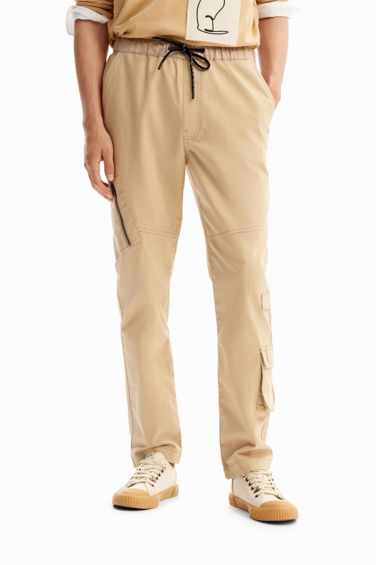 Pantaloni cargo bej jogger cu talie elastică