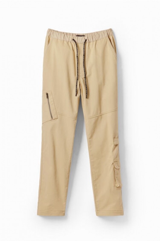 Pantaloni cargo bej jogger cu talie elastică