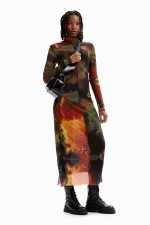 Rochie midi mulată din tulle cu imprimeu abstract
