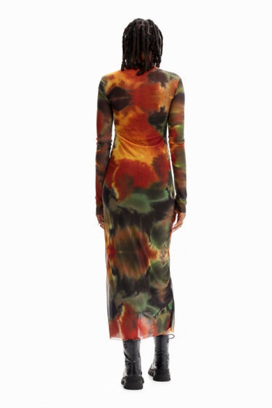 Rochie midi mulată din tulle cu imprimeu abstract