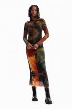 Rochie midi mulată din tulle cu imprimeu abstract