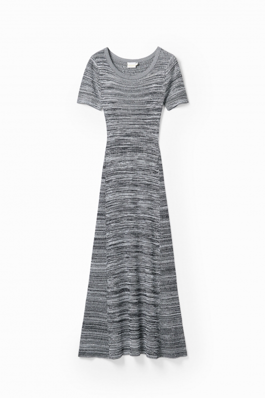 Rochie lungă gri tricot cu efect de dungi