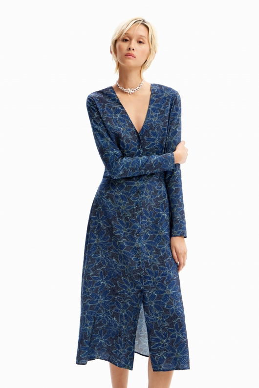 Rochie albastră midi cu imprimeu floral maxi
