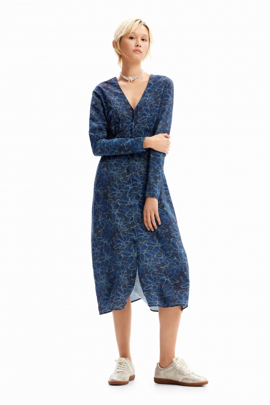 Rochie albastră midi cu imprimeu floral maxi