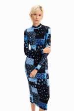 Rochie midi mulată cu print floral patchwork