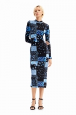 Rochie midi mulată cu print floral patchwork