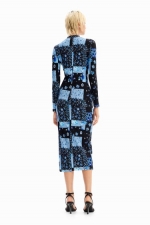 Rochie midi mulată cu print floral patchwork