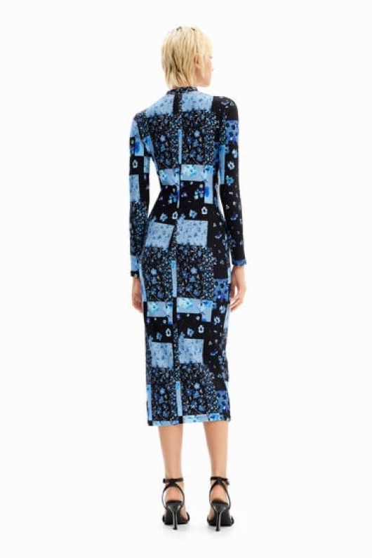 Rochie midi mulată cu print floral patchwork