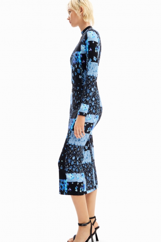 Rochie midi mulată cu print floral patchwork