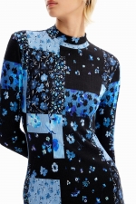 Rochie midi mulată cu print floral patchwork