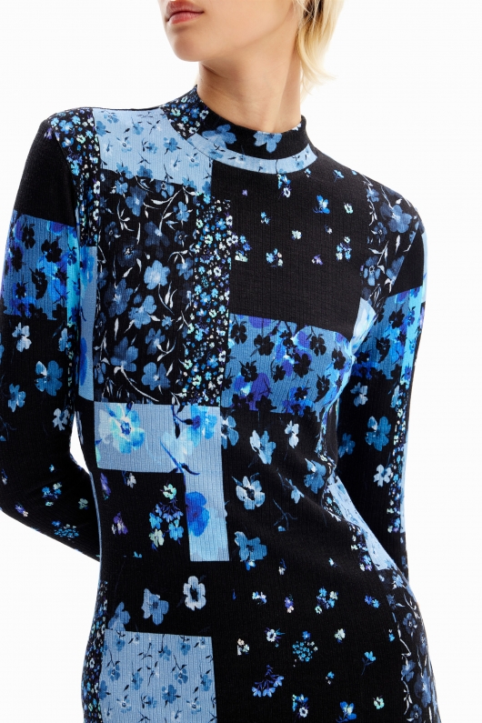 Rochie midi mulată cu print floral patchwork