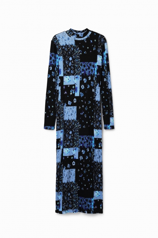 Rochie midi mulată cu print floral patchwork
