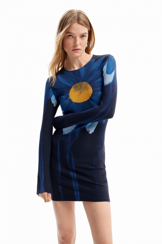Rochie mini albastră mulată cu print margaretă