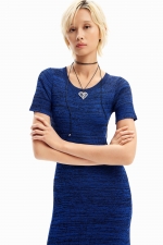 Rochie albastră tricotată mulată cu dungi