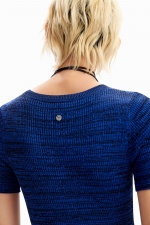 Rochie albastră tricotată mulată cu dungi