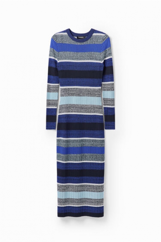 Rochie tricotată midi cu dungi albastre