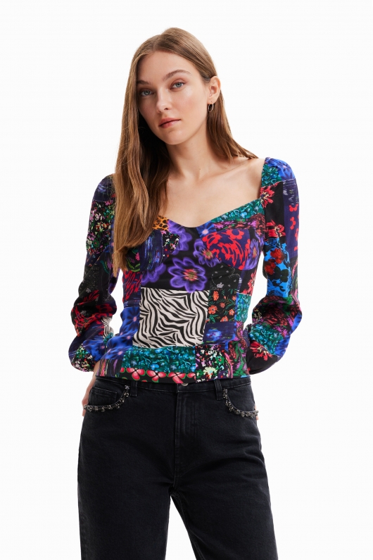 Bluză mulată patchwork cu mâneci bufante
