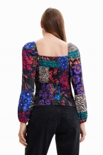 Bluză mulată patchwork cu mâneci bufante
