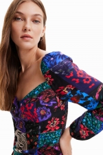 Bluză mulată patchwork cu mâneci bufante