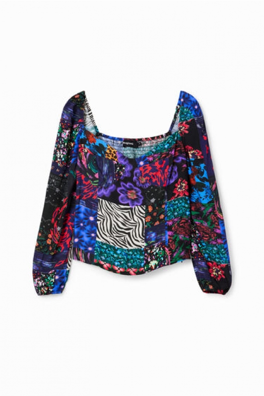 Bluză mulată patchwork cu mâneci bufante