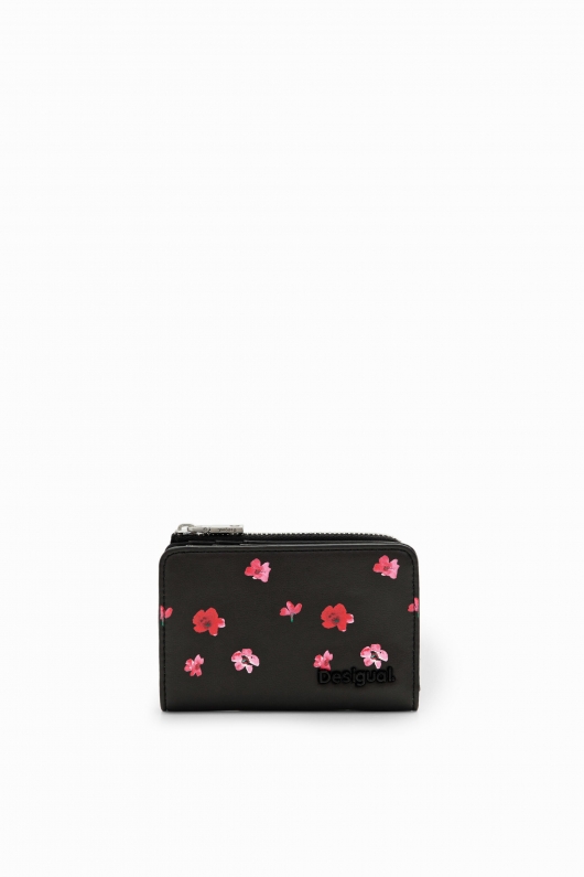 Portofel mic negru cu imprimeu floral și fermoar