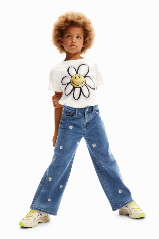 Pantaloni denim albastru cu broderie margarete