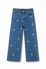 Pantaloni denim albastru cu broderie margarete