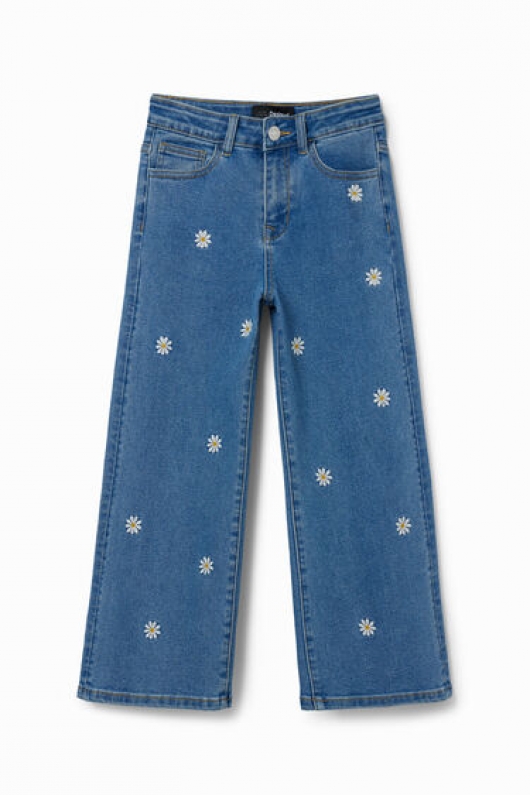Pantaloni denim albastru cu broderie margarete