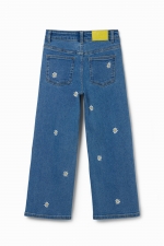 Pantaloni denim albastru cu broderie margarete