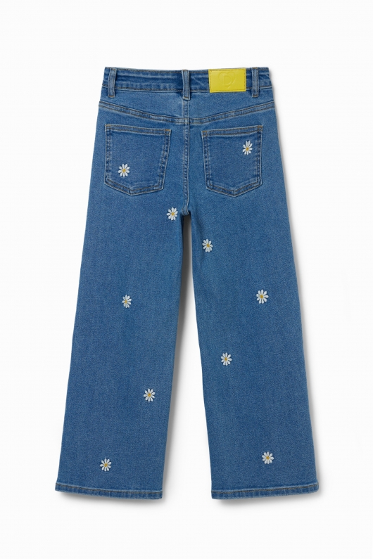 Pantaloni denim albastru cu broderie margarete