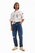 Pantaloni denim albaștri carrot-fit cu tiv franjurat