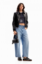 Pantaloni denim albastru cu talie înaltă balon