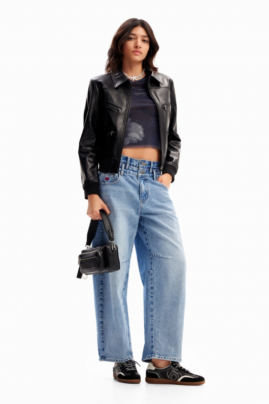 Pantaloni denim albastru cu talie înaltă balon