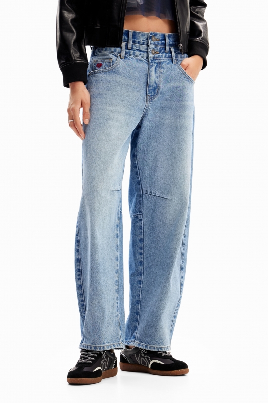 Pantaloni denim albastru cu talie înaltă balon