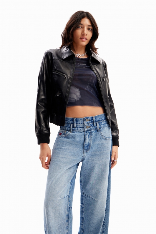 Pantaloni denim albastru cu talie înaltă balon