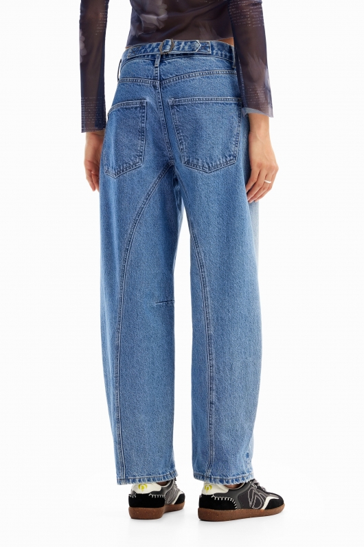 Pantaloni denim albastru cu talie înaltă balon
