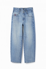 Pantaloni denim albastru cu talie înaltă balon