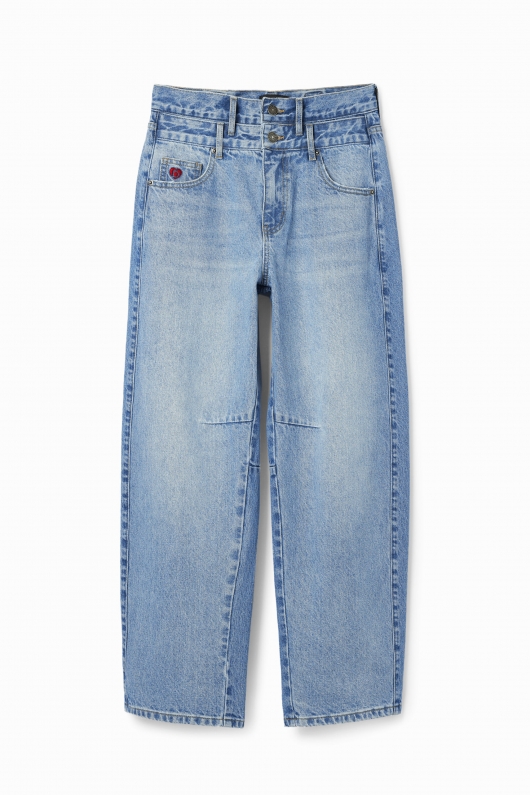 Pantaloni denim albastru cu talie înaltă balon