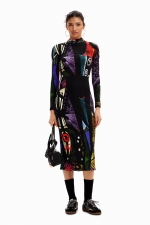 Rochie midi mulată multicoloră cu imprimeu geometric