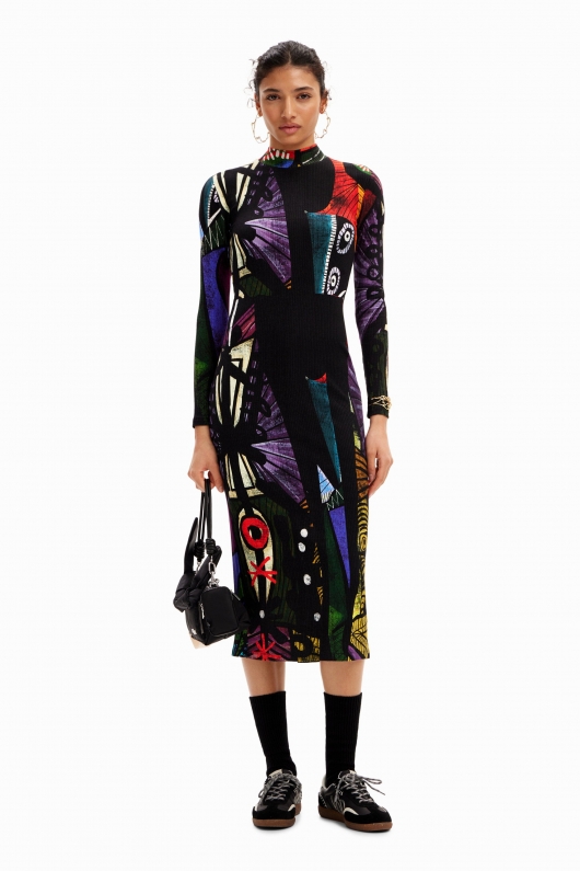 Rochie midi mulată multicoloră cu imprimeu geometric