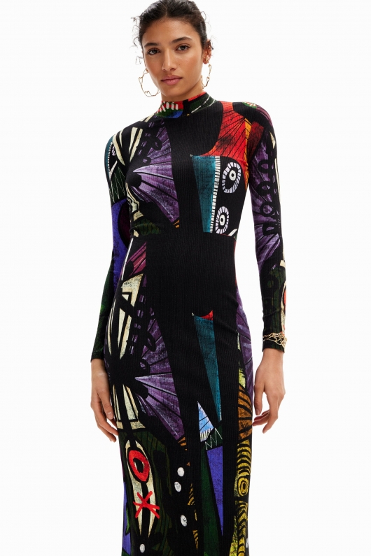 Rochie midi mulată multicoloră cu imprimeu geometric