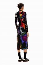 Rochie midi mulată multicoloră cu imprimeu geometric