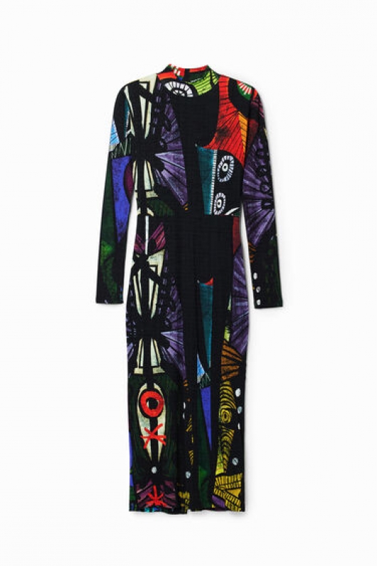 Rochie midi mulată multicoloră cu imprimeu geometric