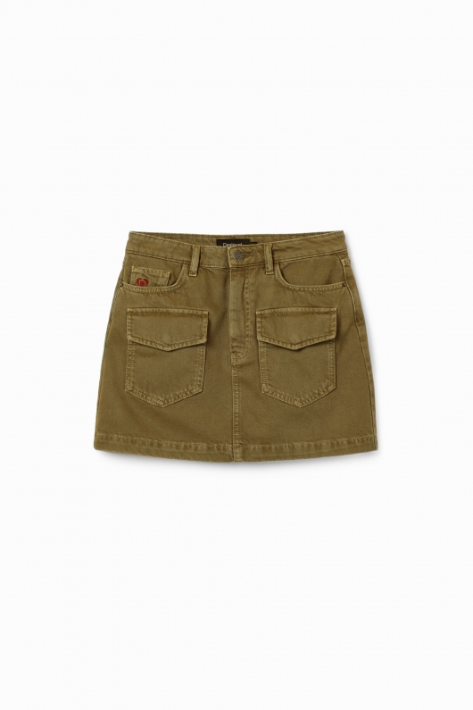 Fustă mini kaki din denim cu buzunare frontale