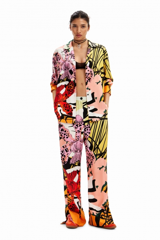 Pantaloni drepți cu imprimeu floral multicolor