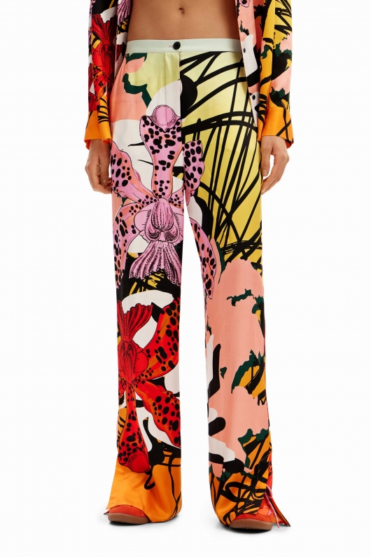 Pantaloni drepți cu imprimeu floral multicolor