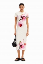Rochie midi albă mulată cu print orhidee