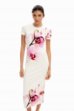 Rochie midi albă mulată cu print orhidee