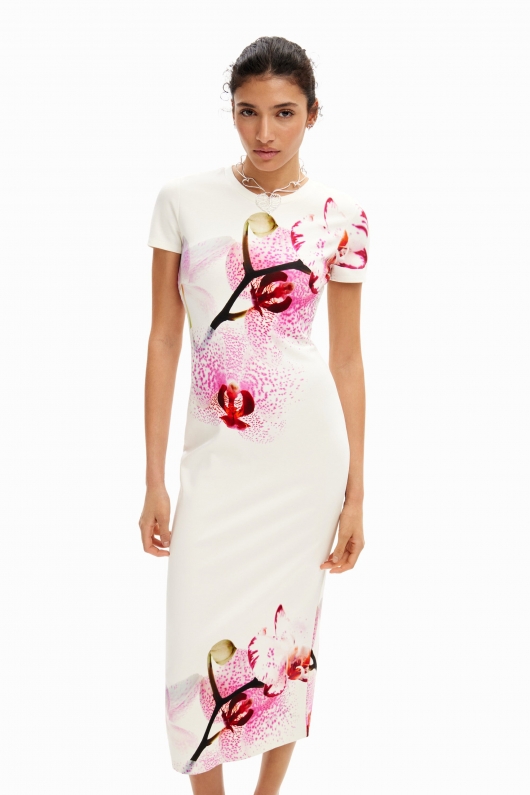 Rochie midi albă mulată cu print orhidee