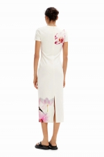 Rochie midi albă mulată cu print orhidee